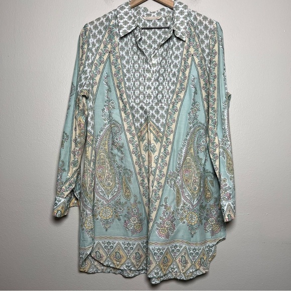 Soft‎ Surroundings Women Tunic Top Large Green Tan Popover Henley Dress Brunch - Picture 1 of 12